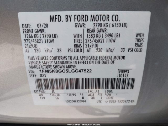 1FM5K8GC5LGC47522 Ford Explorer St