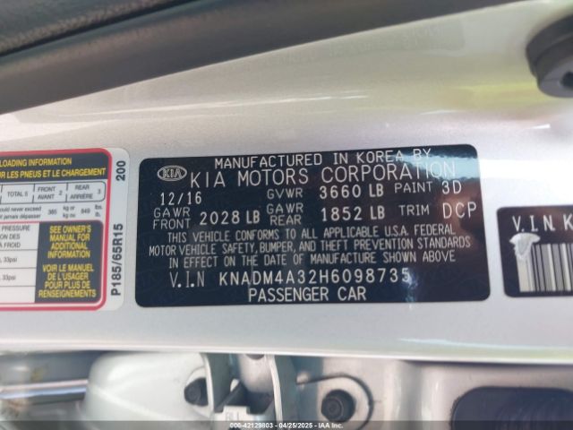 KNADM4A32H6098735 KIA RIO LX