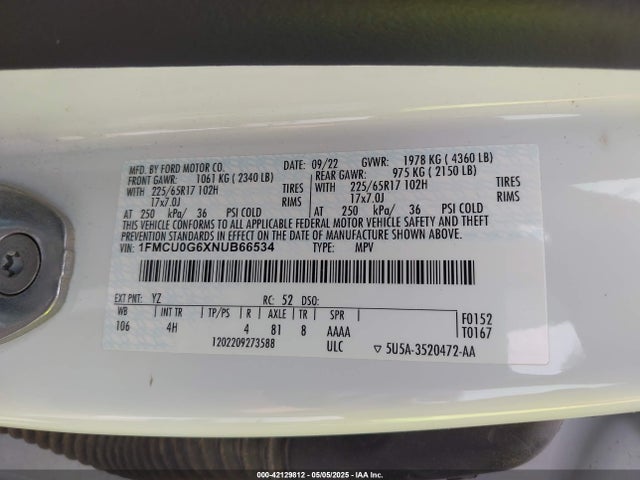 1FMCU0G6XNUB66534 Ford ESCAPE SE