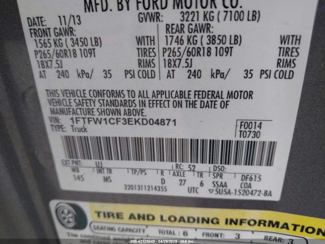 1FTFW1CF3EKD04871 Ford F-150 Xlt