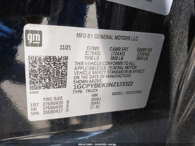 1GCPYBEK5NZ133322 Chevrolet Silverado 1500 Ltd 4wd  Short Bed Custom