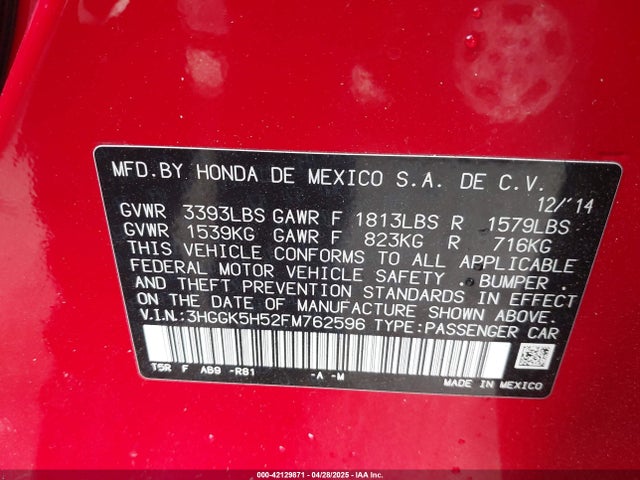 3HGGK5H52FM762596 Honda FIT LX