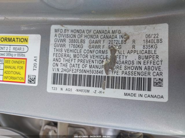 2HGFE2F56NH593846 Honda Civic Sport