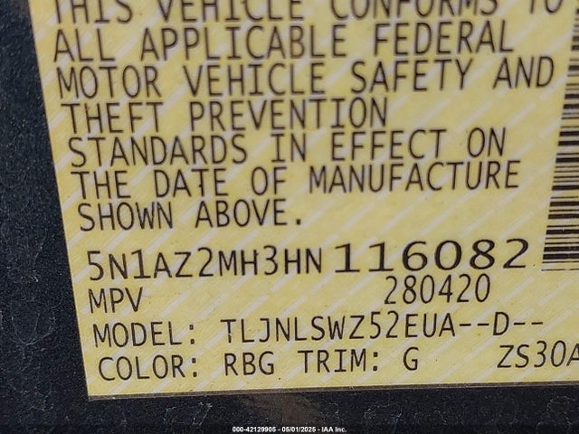 5N1AZ2MH3HN116082 Nissan Murano Platinum