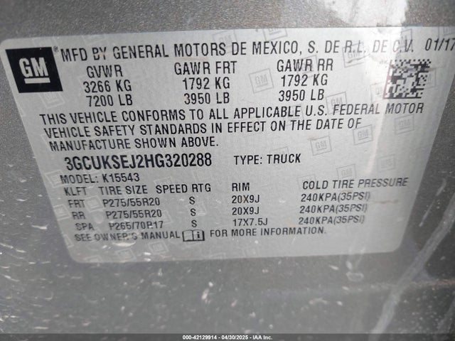 3GCUKSEJ2HG320288 Chevrolet l86 - sidi: spark ignited direct injection, vvt: variable valve timing, afm, e85 max, alum