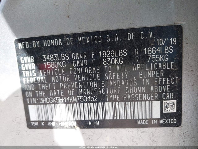 3HGGK5H44KM750452 Honda FIT LX