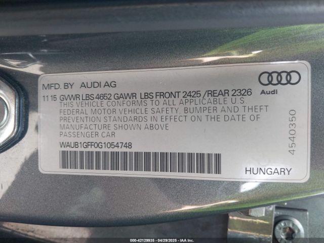WAUB1GFF0G1054748 Audi S3 2.0t Premium Plus