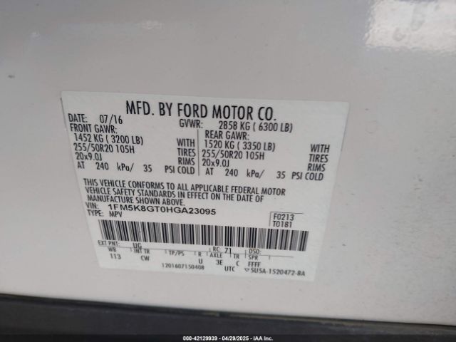 1FM5K8GT0HGA23095 Ford EXPLORER SPORT