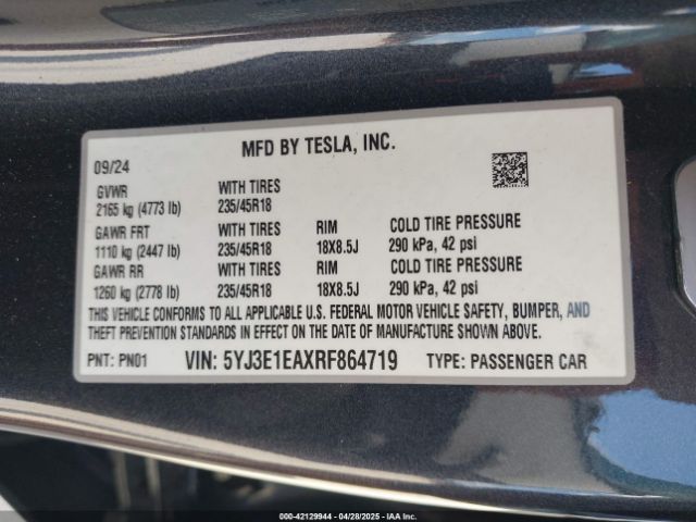 5YJ3E1EAXRF864719 Tesla Model 3 Long Range Dual Motor All-wheel Drive/rear-wheel Drive