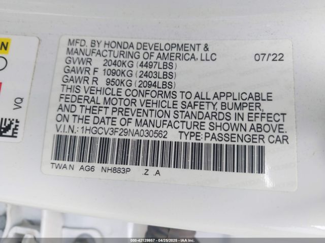1HGCV3F29NA030562 Honda Accord Hybrid Sport