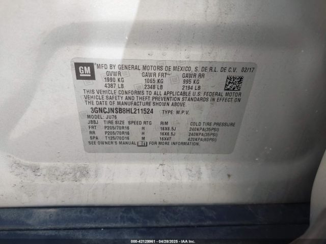 3GNCJNSB8HL211524 Chevrolet TRAX LS