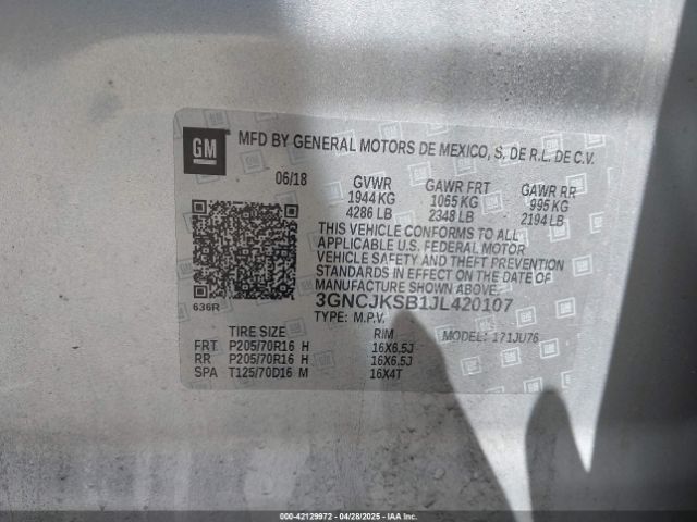 3GNCJKSB1JL420107 Chevrolet TRAX LS