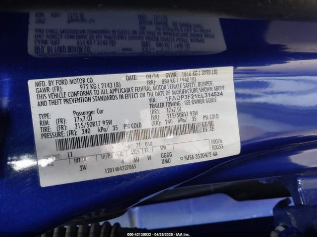 1FADP3F21EL314534 Ford FOCUS SE