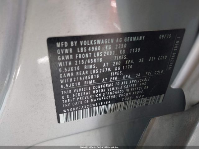 WVGBV7AX2GW535784 Volkswagen TIGUAN S