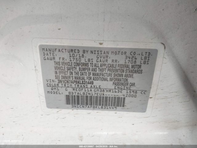 3N1CN7AP8KL831449 Nissan Versa