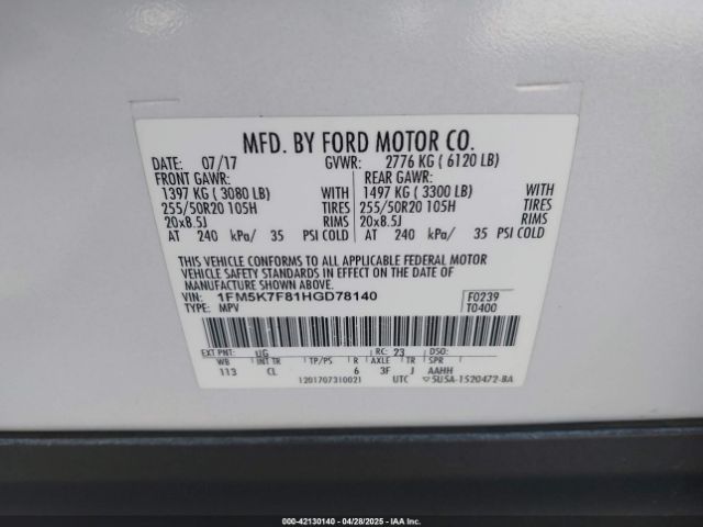 1FM5K7F81HGD78140 Ford Explorer Limited