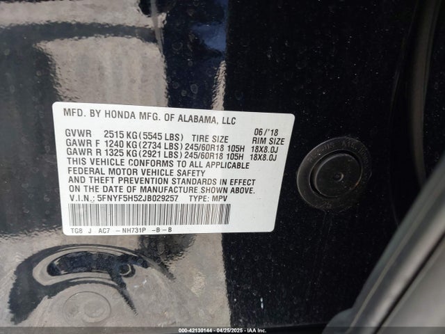 5FNYF5H52JB029257 Honda Pilot Ex-l