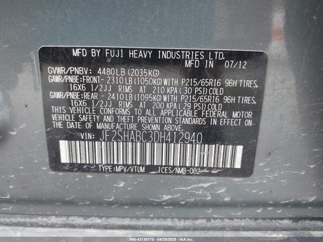 Продаж на аукціоні авто 2013 Subaru Forester 2.5x, vin: JF2SHABC3DH412940, номер лоту: 42130175