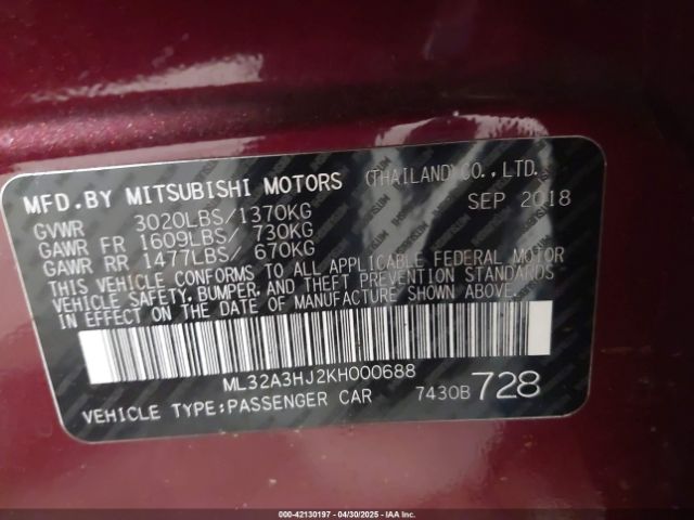ML32A3HJ2KH000688 Mitsubishi MIRAGE ES