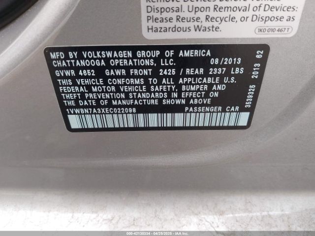 1VWBN7A3XEC022098 Volkswagen Passat 2.0l Tdi Se