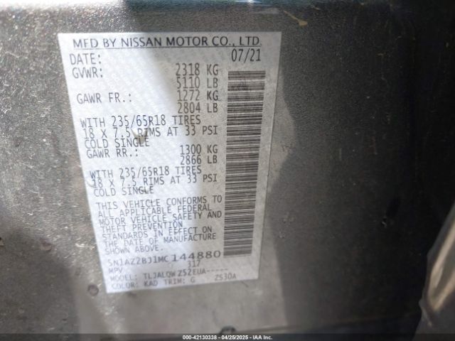 5N1AZ2BJ1MC144880 Nissan Murano Sv Fwd