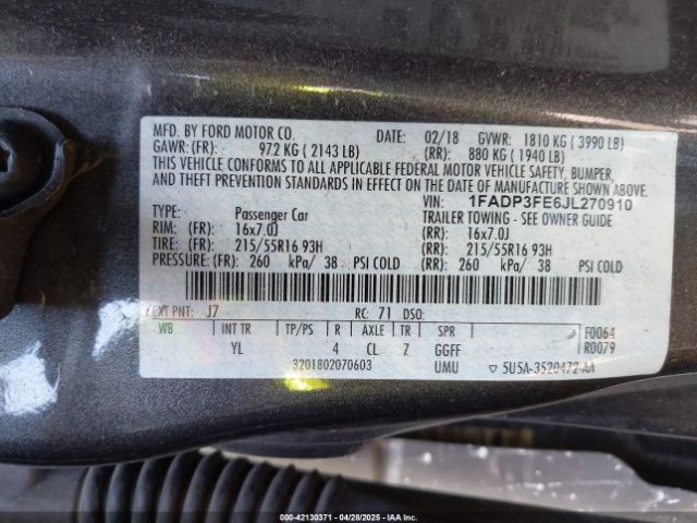 1FADP3FE6JL270910 Ford FOCUS SE
