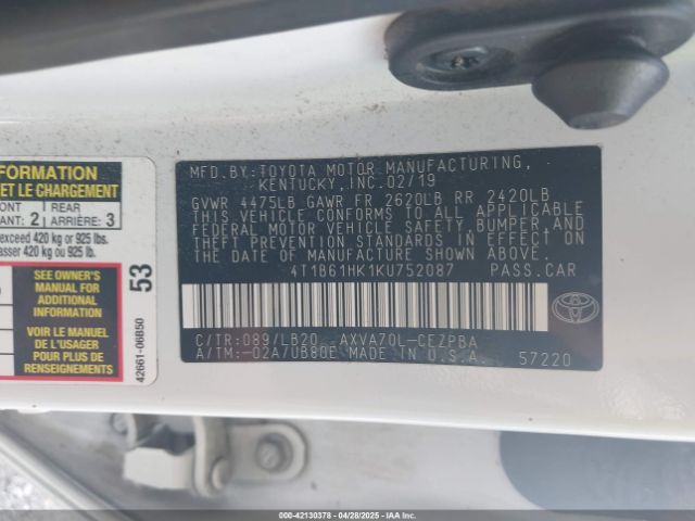 4T1B61HK1KU752087 Toyota CAMRY XSE