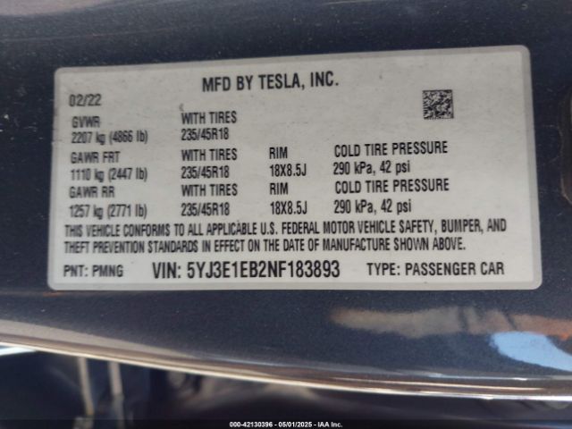 5YJ3E1EB2NF183893 Tesla Model 3 Long Range Dual Motor All-wheel Drive