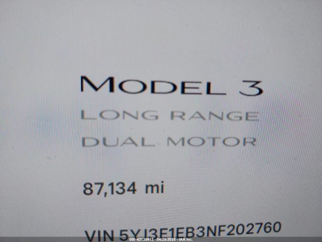5YJ3E1EB3NF202760 Tesla Model 3 Long Range Dual Motor All-wheel Drive