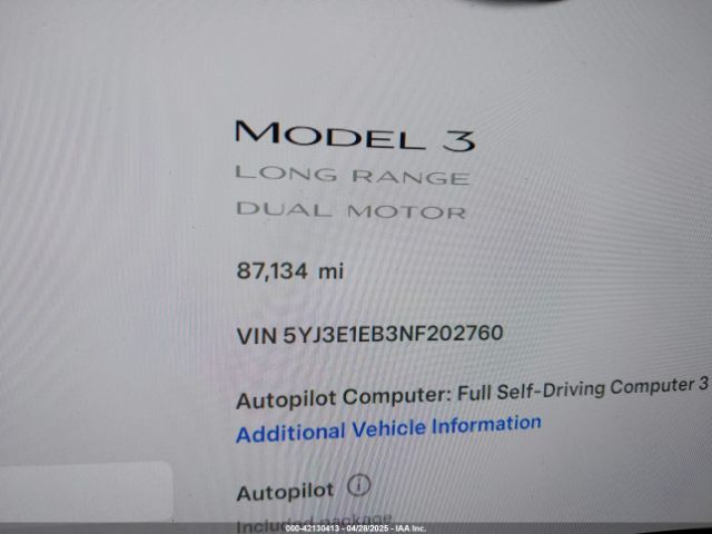 5YJ3E1EB3NF202760 Tesla Model 3 Long Range Dual Motor All-wheel Drive