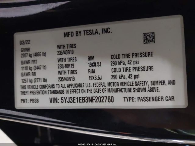 5YJ3E1EB3NF202760 Tesla Model 3 Long Range Dual Motor All-wheel Drive