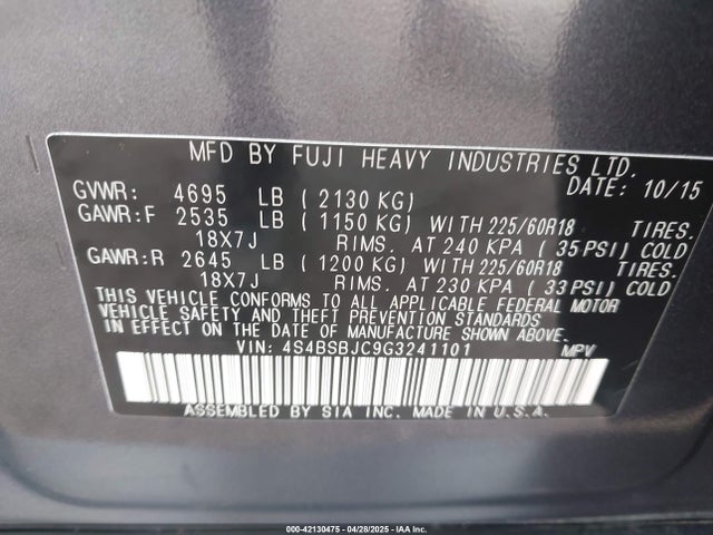 4S4BSBJC9G3241101 Subaru Outback 2.5i Limited