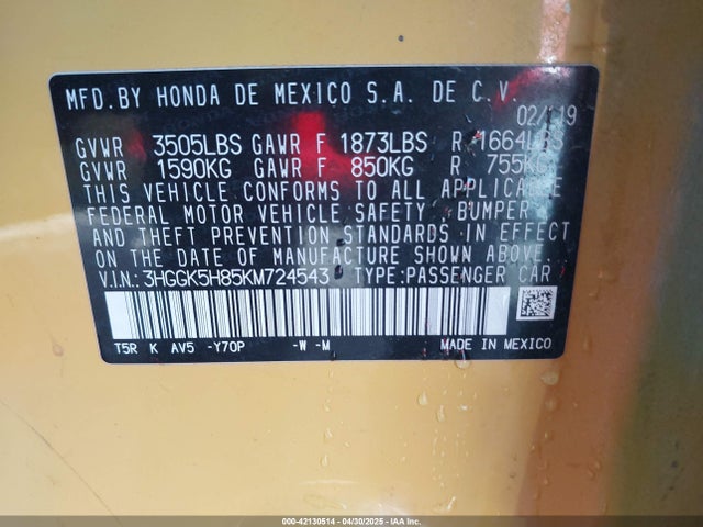 3HGGK5H85KM724543 Honda FIT EX