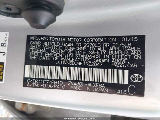 JTDKN3DU4F1922847 Toyota Prius Three