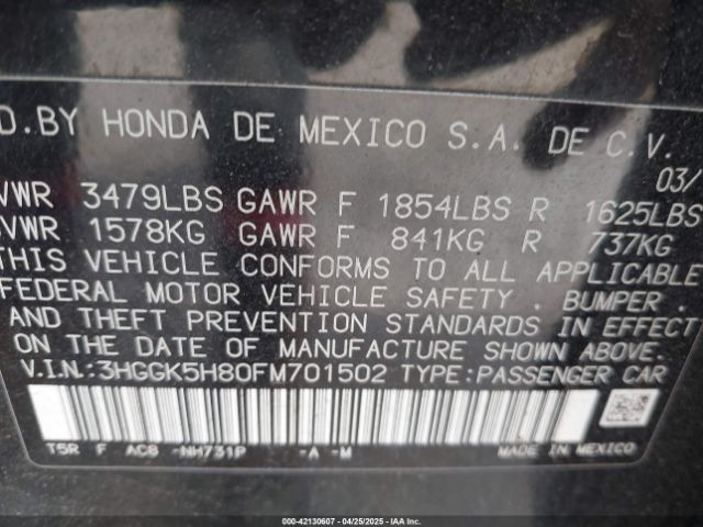 3HGGK5H80FM701502 Honda Fit Ex/ex-l