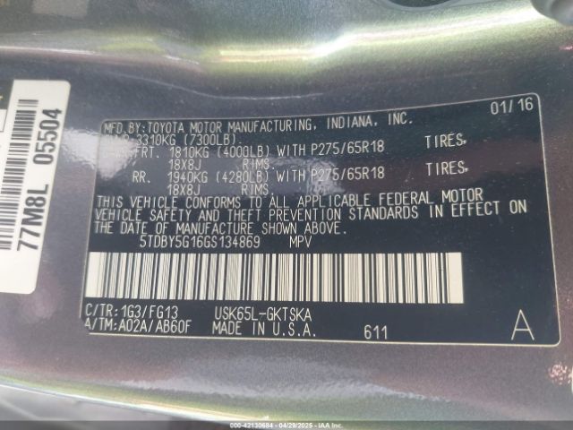 5TDBY5G16GS134869 Toyota Sequoia Sr5