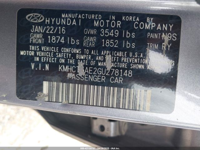 KMHCT5AE2GU278148 Hyundai ACCENT SE