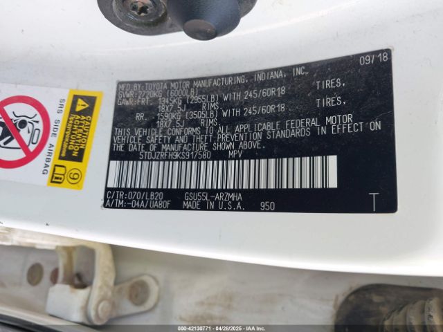 5TDJZRFH9KS917580 Toyota Highlander Xle