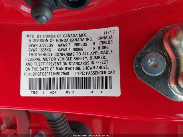 Honda CIVIC EX 2018 2HGFC2F77JH517540 Image 9