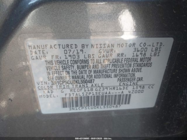 3N1CP5CU0KL550487 Nissan KICKS SV