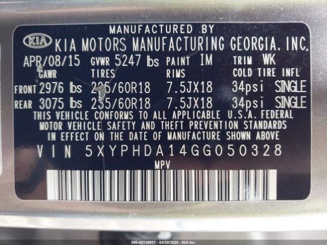 5XYPHDA14GG050328 KIA Sorento 2.0t Ex