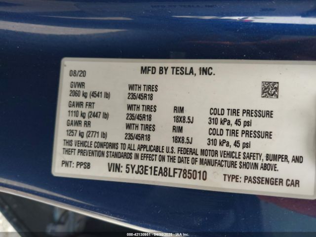 5YJ3E1EA8LF785010 Tesla Model 3 Standard Range Plus Rear-wheel Drive/standard Range Rear-wheel Drive