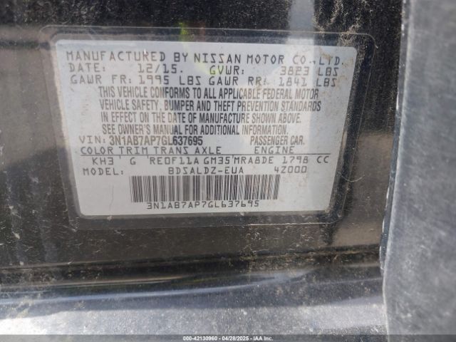 3N1AB7AP7GL637695 Nissan Sentra Fe+ S/s/sl/sr/sv