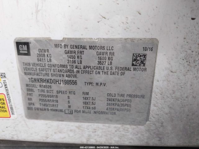 1GNKRHKD0HJ198556 Chevrolet Traverse 2lt