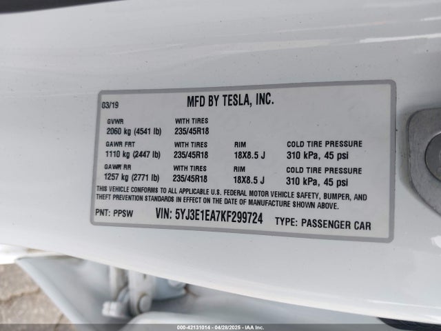 2019 TESLA MODEL 3 5YJ3E1EA7KF299724 Photo 8