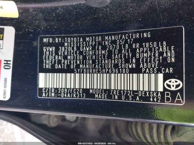 5YFBURHE5HP696180 Toyota COROLLA SE