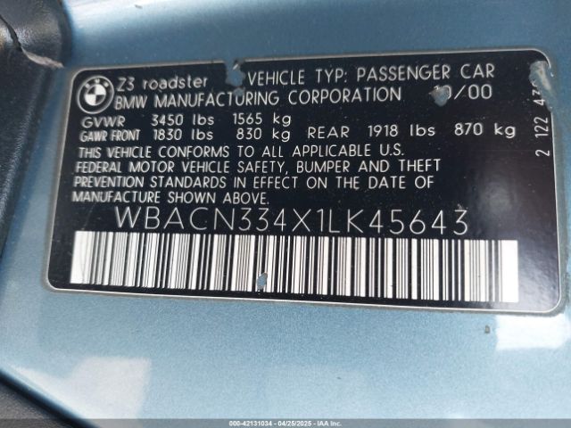 2001 BMW Z3 WBACN334X1LK45643 Photo 8
