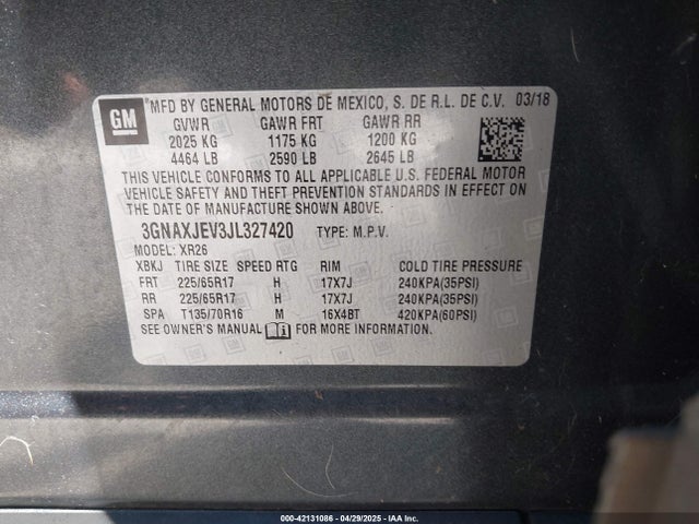 3GNAXJEV3JL327420 Chevrolet EQUINOX LT