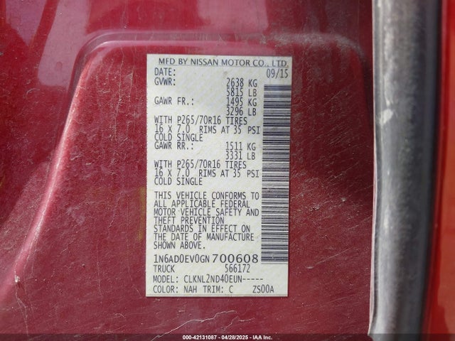 Nissan Frontier Pro-4x/s/sl/sv 2016 1N6AD0EV0GN700608 Image 9