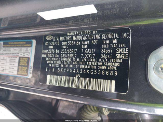 5XYPG4A34KG538689 KIA Sorento 2.4l Lx